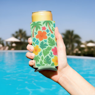 Tropical Paradise – Palm Leaves & Hibiscus Pattern Seltzer Can Cooler