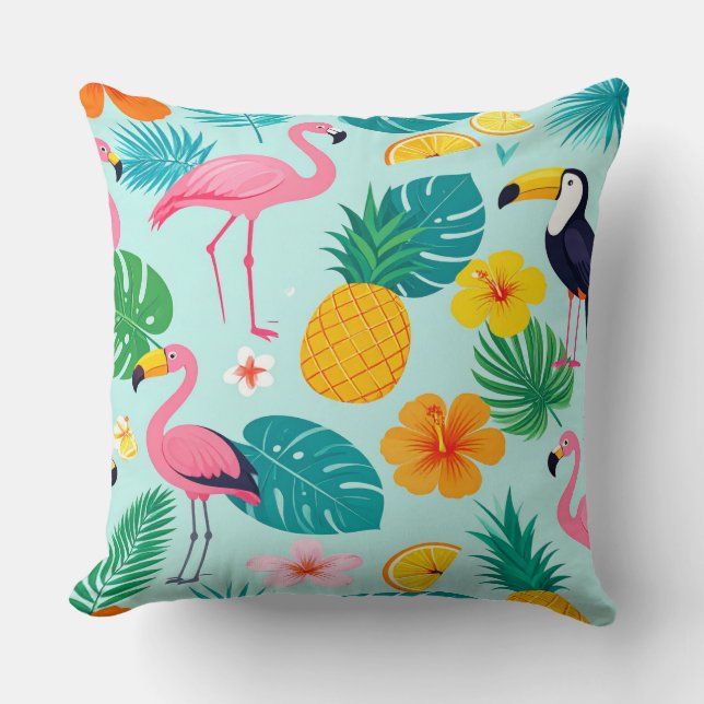 Tropical Paradise Pattern - Flamingos Hibiscus Mon Cushion (Front)