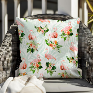 Tropical Paradise Pink Flamingos Floral Cushion