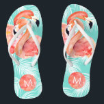 Tropical Paradise Pink Flamingos with Monogram Thongs<br><div class="desc">Escape to paradise in these fun and fashionable flip flops featuring watercolor pink flamingos with a palm patterned background in Caribbean aqua. Edit the sample monogram with your desired initials. These make great gifts for bridesmaids, friends, or yourself. They're also a nice idea for out-of-town wedding guests at beach or...</div>