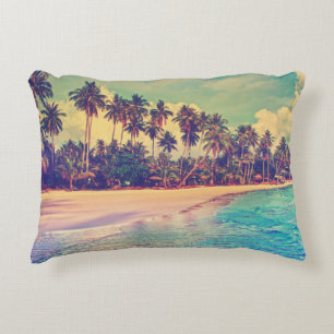 Tropical paradise: sea, hotel, beach. decorative cushion