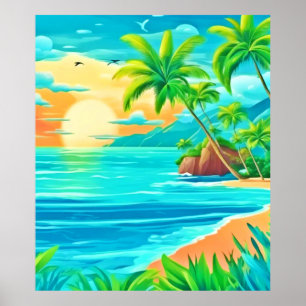 Tropical Paradise Sunset Coastline View Poster