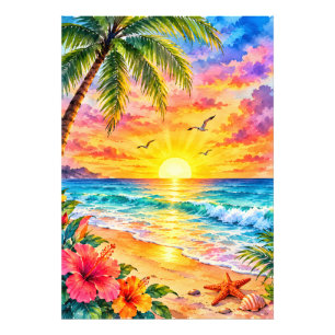 Tropical Paradise Sunset Watercolor Beach Art Photo Print