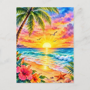 Tropical Paradise Sunset Watercolor Beach Art Postcard
