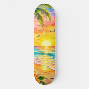 Tropical Paradise Sunset Watercolor Beach Art Skateboard
