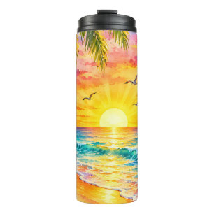 Tropical Paradise Sunset Watercolor Beach Art Thermal Tumbler