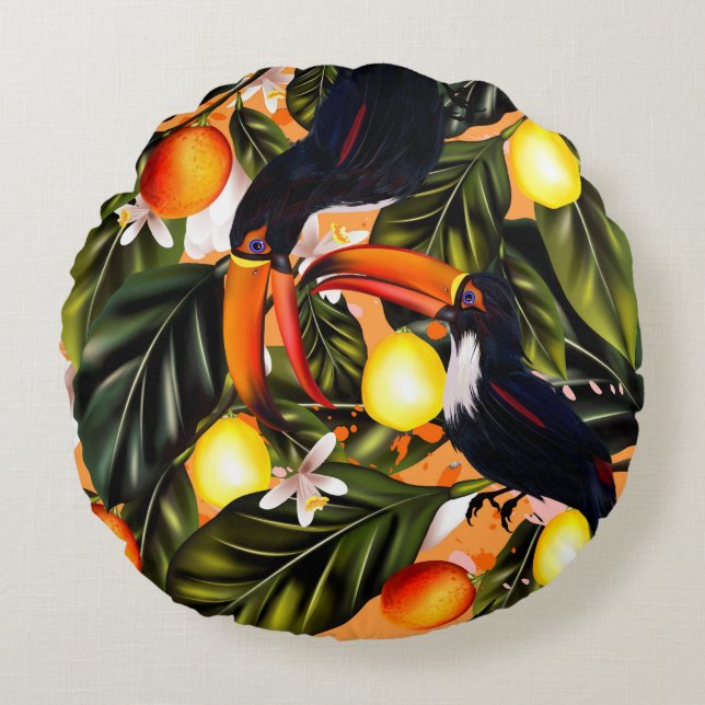 Tropical paradise.Toucans and citrus Round Cushion (Front)
