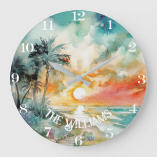 Tropical Paradise - Watercolor Beach Large Clock