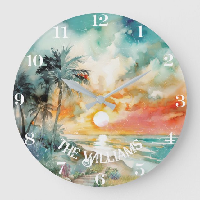 Tropical Paradise - Watercolor Beach Large Clock (Front)