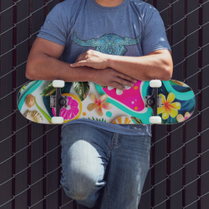 Tropical Paradise with Colourful Flowers and Fruit Skateboard