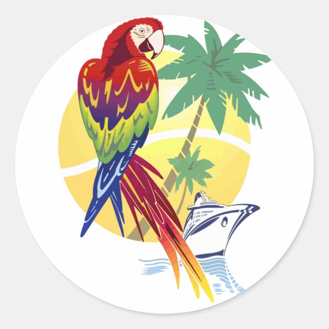 Tropical Paradise with Macaw and Cruise Ship Classic Round Sticker (Front)