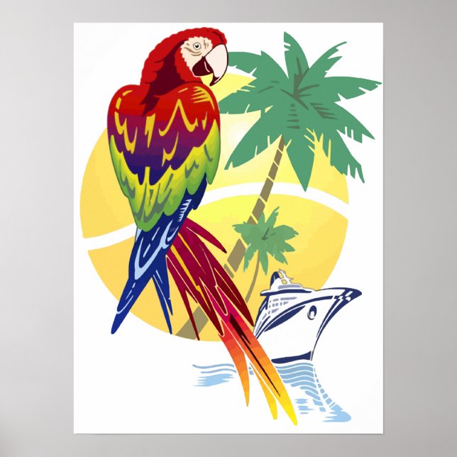 Tropical Paradise with Macaw and Cruise Ship Poster (Front)
