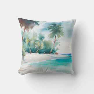 Tropical Paradise with Sandy Beach and Palm Trees Cushion