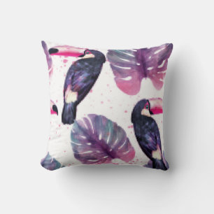 Tropical paradise with watercolor parrots and palm cushion