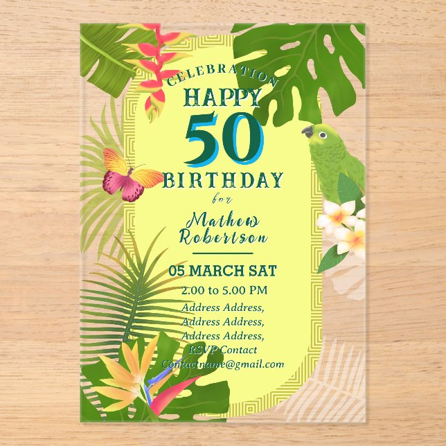 Tropical Paradise Yearly 50th Birthday  Acrylic Invitations (Front)