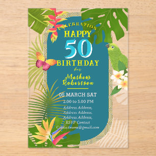 Tropical Paradise Yearly Birthday Teal Acrylic Invitations