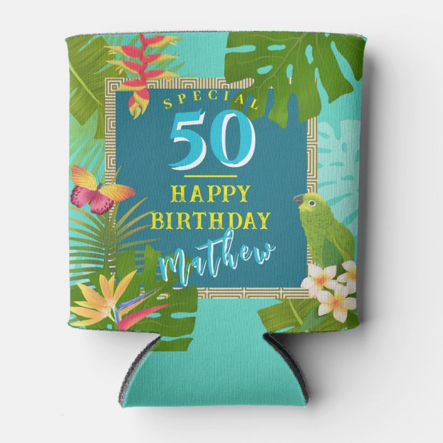 Tropical Paradise Yearly Birthday Teal Can Cooler (Front)