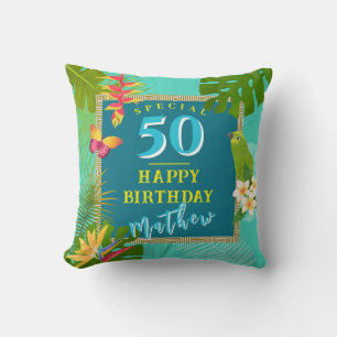 Tropical Paradise Yearly Birthday Teal Cushion