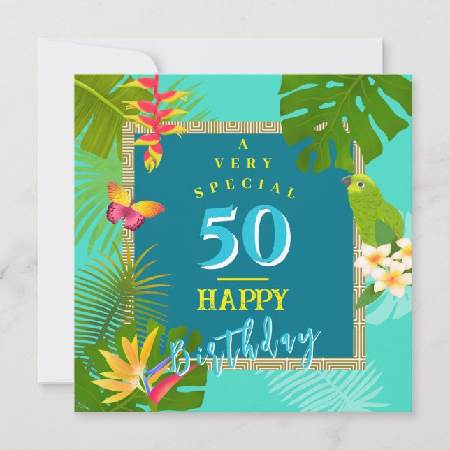 Tropical Paradise Yearly Teal Birthday Card (Front)