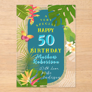 Tropical Paradise Yearly Teal Birthday Card Acrylic Invitations
