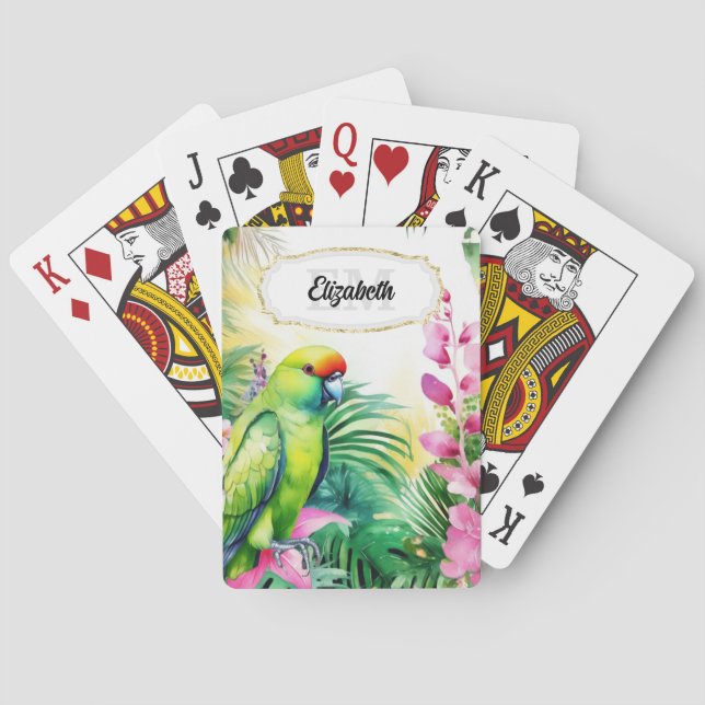 Tropical parakeet jungle bird watercolor flowers playing cards (Back)