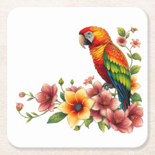 Tropical Parrot and Floral Square Paper Coaster