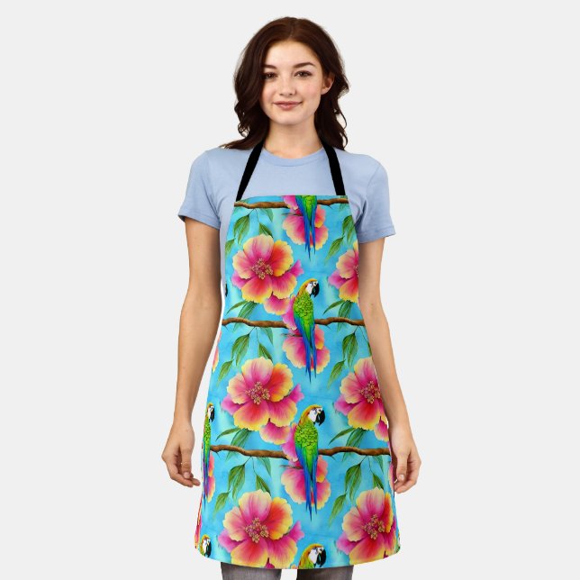 Tropical Parrot and Flower Pattern Apron (Worn)