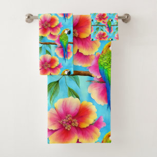Tropical Parrot and Flower Pattern  Bath Towel Set