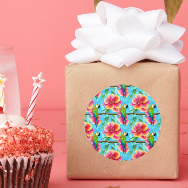 Tropical Parrot and Flower Pattern  Classic Round Sticker (Party)