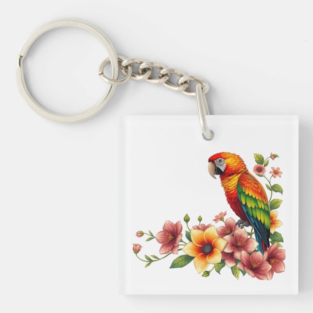 Tropical Parrot and Flowers  Key Ring (Front)