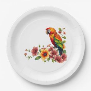 Tropical Parrot and Flowers Paper Plate