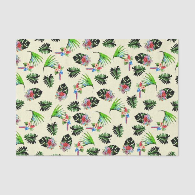 Tropical Parrot and Leaves Watercolor Pattern  Tissue Paper (Front)