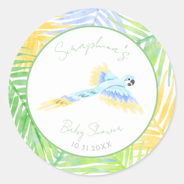 Tropical Parrot Bird Baby Shower Classic Round Sticker (Front)