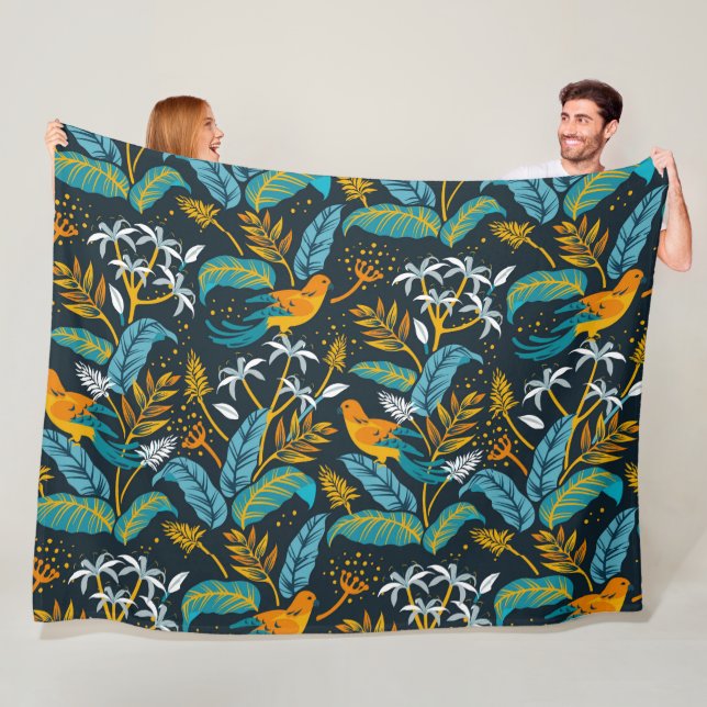 Tropical Parrot Birds & Colourful Leaves Pattern Fleece Blanket (In Situ)