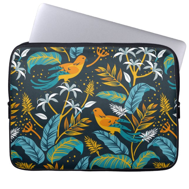 Tropical Parrot Birds & Colourful Leaves Pattern Laptop Sleeve (Front)
