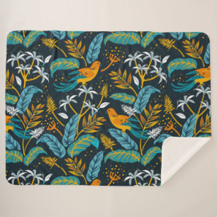Tropical Parrot Birds & Colourful Leaves Pattern Sherpa Blanket