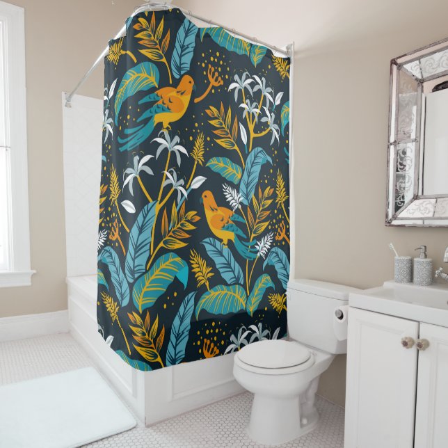 Tropical Parrot Birds & Colourful Leaves Pattern Shower Curtain (In Situ)
