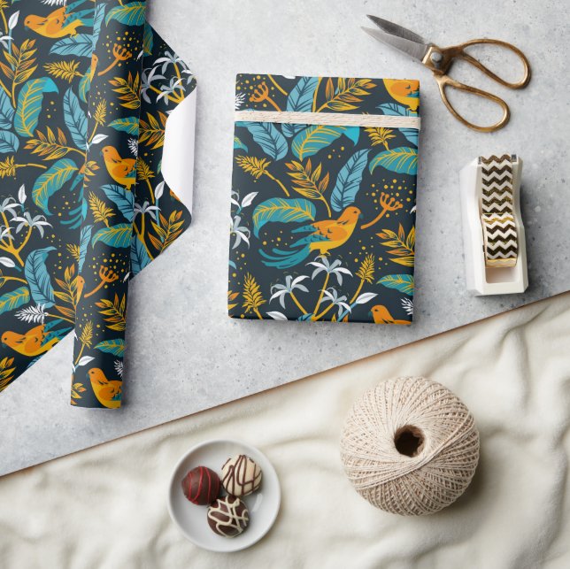Tropical Parrot Birds & Colourful Leaves Pattern Wrapping Paper (Crafts)