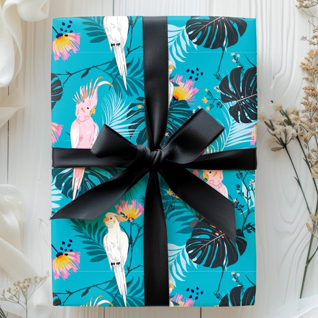 Tropical Parrot Birds Palm Leaves Blue Pattern Wrapping Paper (Creator Uploaded)