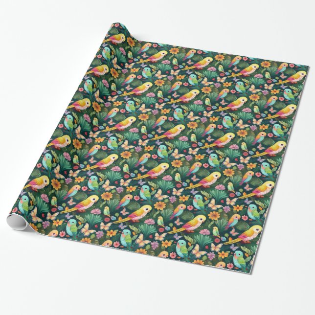 Tropical Parrot Birthday Wrapping Paper (Unrolled)