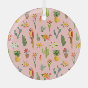 Tropical Parrot, Cactus Vintage Pattern. Glass Tree Decoration