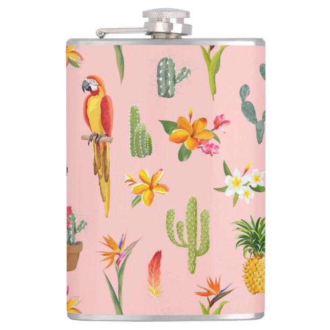 Tropical Parrot, Cactus Vintage Pattern. Hip Flask (Front)