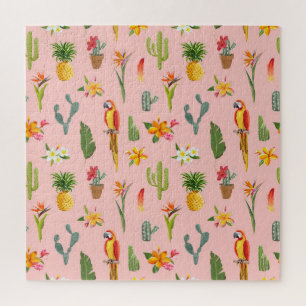 Tropical Parrot, Cactus Vintage Pattern. Jigsaw Puzzle