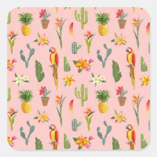 Tropical Parrot, Cactus Vintage Pattern. Square Sticker