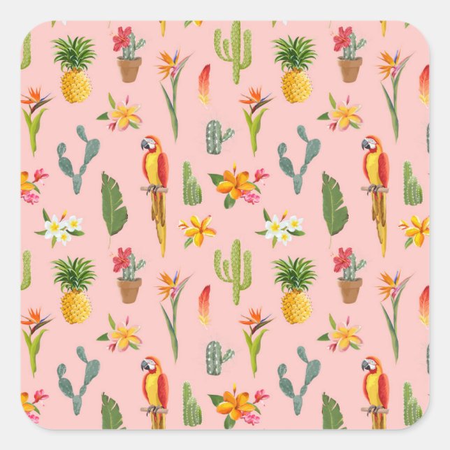 Tropical Parrot, Cactus Vintage Pattern. Square Sticker (Front)