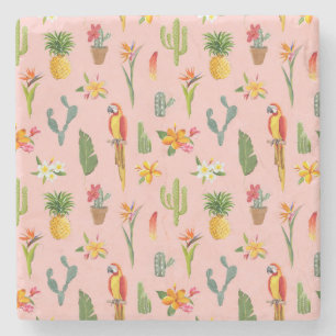 Tropical Parrot, Cactus Vintage Pattern. Stone Coaster