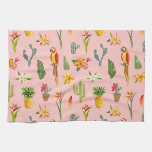 Tropical Parrot, Cactus Vintage Pattern. Tea Towel