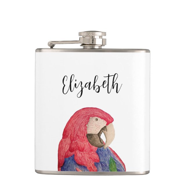 Tropical Parrot Colourful Macaw Drawing Hip Flask (Front)