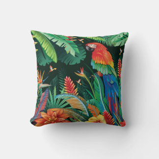 Tropical Parrot: Exotic Floral Background. Cushion