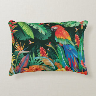 Tropical Parrot: Exotic Floral Background. Decorative Cushion
